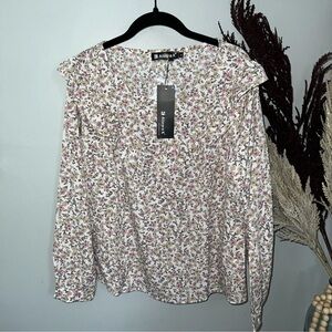 Allegra K Floral Top Long Sleeve Round Neck Vintage Ruffle Blouse Sz Large